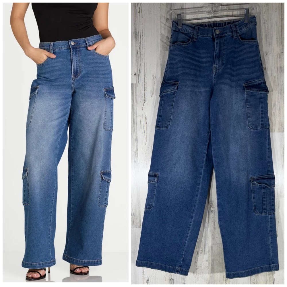 Madden‎ NYC Cargo Wide Leg Jeans Size 25x31 Medium Wash High Rise Utility Denim